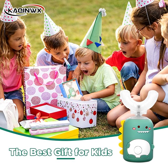Kids U Shaped Electric Toothbrush for Age 2-12, Rechargeable Toddler Toothbrush with 60S Smart Timer, Dinosaur Design, IPX7 Waterproof & 360°Cleaning,Develop Kids' Brushing Habits