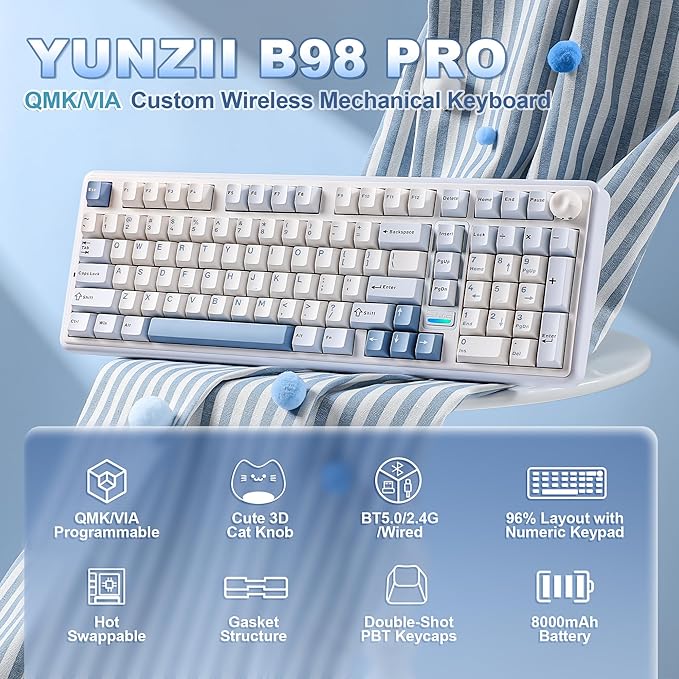 YUNZII B98 PRO QMK/VIA Wireless Mechanical Gaming Keyboard,96% Layout with Numpad and Cute Cat Knob, BT/2.4G/USB-C,Linear Switch Hot Swap Gasket,RGB for Win/Mac (Blue, Candy Linear Switch)