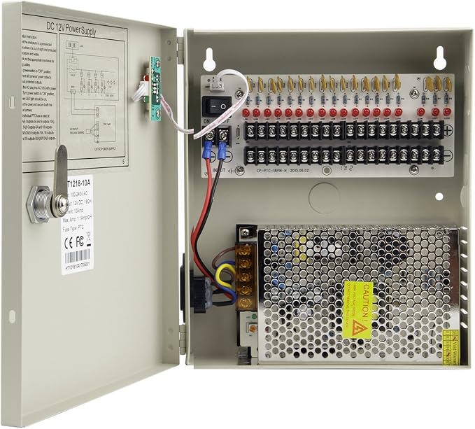 18 Channel Port 12V DC 10 Amp Amper with PTC Fuse Distributed Power Supply Box for CCTV DVR Security System and Camera or IP Cameras