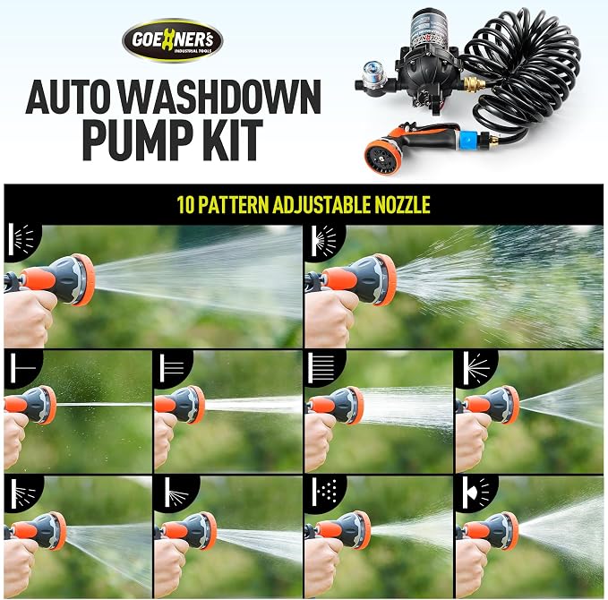 [Upgraded Version] Fresh Water Pump with Spray Gun, 12V DC Water Pump, 6.5GPM 70PSI Five Chamber Self-Priming Diaphragm Water Pump with Heavy Duty Pressure Switch and Strainer