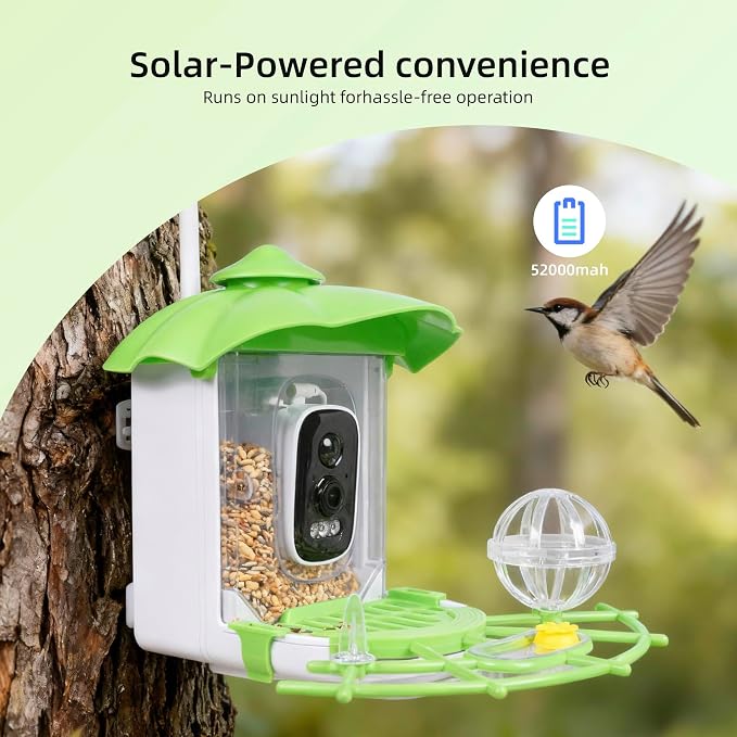 Bird Feeder with Camera,AI Identify Birds Species,2K HD Day/Night Live Stream,Solar Powered 5200mAh Battery,1.8L Hopper, Auto Record Videos, Instant Notifications,Ideal Gift for Family and Bird Lovers