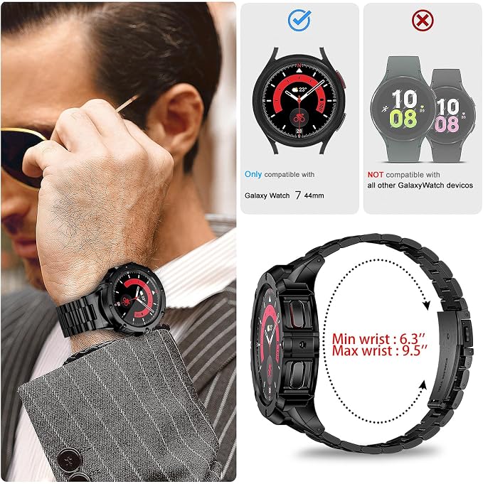 SUPLINK Stainless Steel Case and Band Compatible with Samsung Galaxy Watch 7 Band 44mm, Rugged Protective Case Metal Bands for Galaxy Watch 7 Men,Black