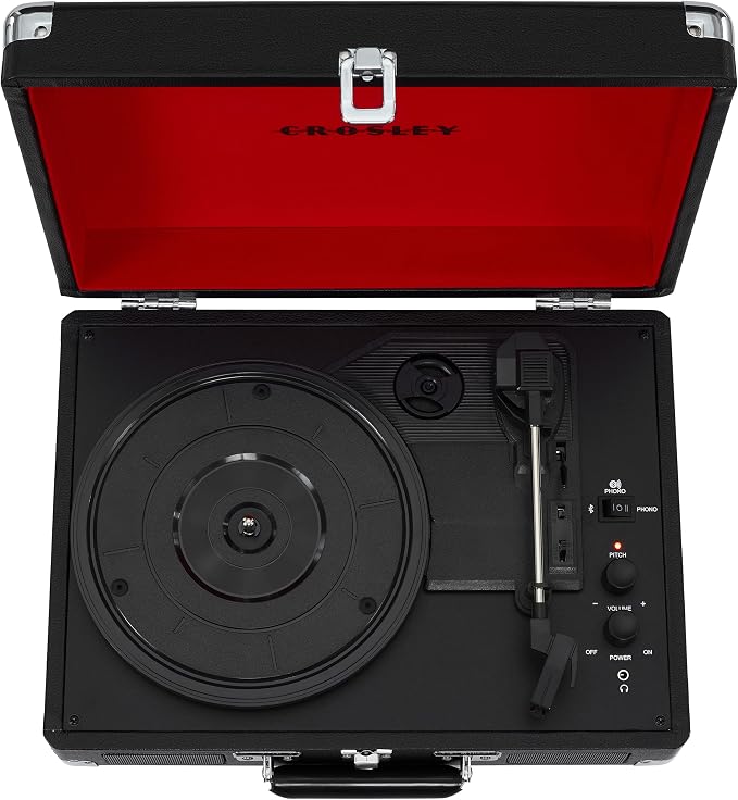 Crosley CR8005F-BK Cruiser Plus Vintage 3-Speed Bluetooth in/Out Suitcase Vinyl Record Player Turntable, Black/Red
