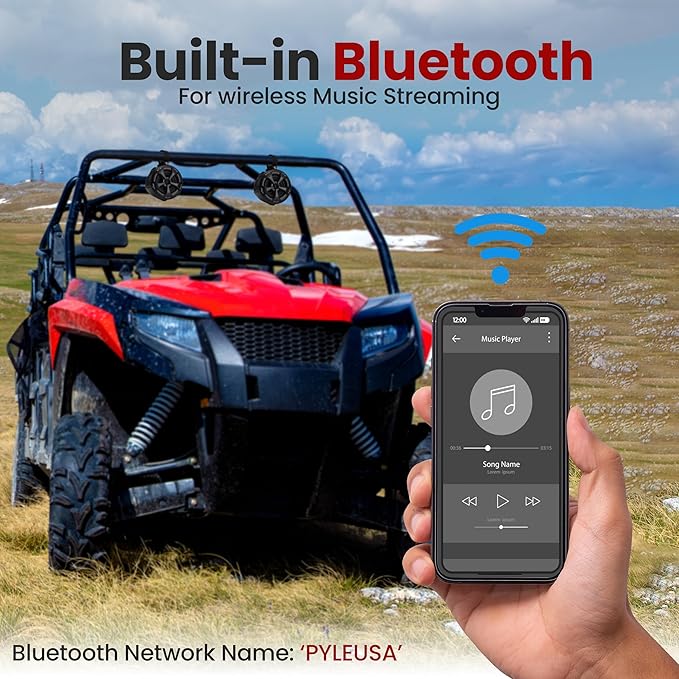 Pyle 4" Off-Road Bluetooth Waterproof Speakers -800W Peak Power Amplified Speaker System for ATV/UTV, Golf Cart, Boat, Aux Input Jack, for use w/All 12V Vehicles - PLUTV43BTA, Black