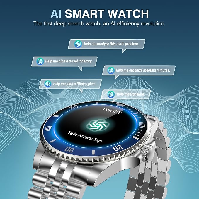 GPT Smart Watch for Men, 24/7 Heart Rate, Blood Pressure, Blood Oxygen, Sleep Monitor, 107 Sports Modes, 1.19-inch AMOLED Display, Waterproof Round Watch, Compatible Android and iOS, 44mm Silver Blue