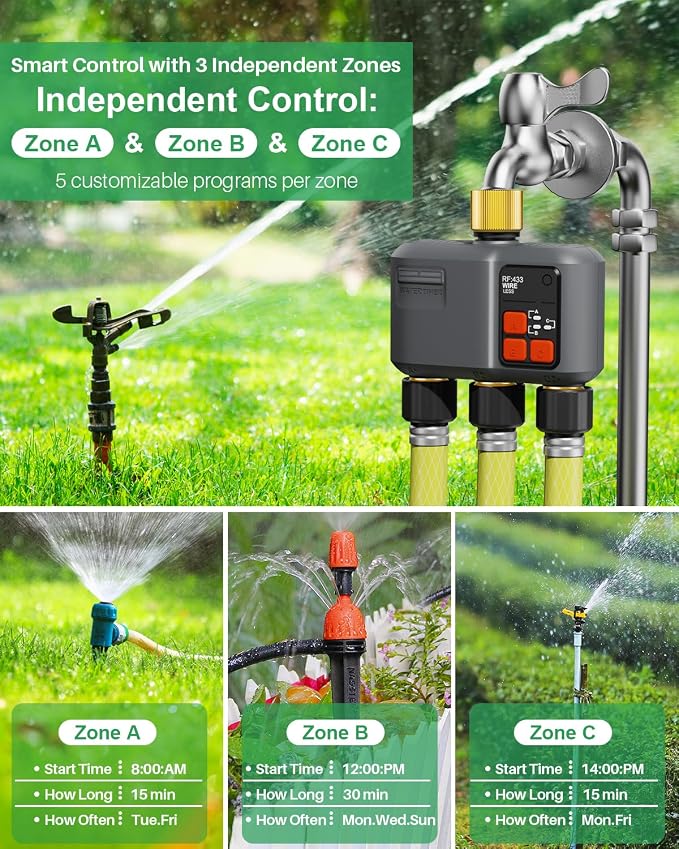 WiFi Sprinkler Timer 3 Zone with 984 FT Range, 3 Outlet Smart Water Timer for Garden Hose with Strong Wall Penetration/Rain Delay/Alexa & Google Voice/App Control, Water Hose Timers for Garden & Lawn