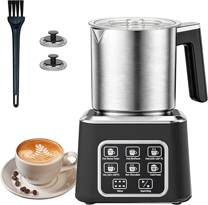 Electric Milk Frother and Steamer, 6-in-1 Automatic Milk Frother Machine with 500ml Milk Warmer, Hot & Cold Froth for Coffee, Latte & Hot Chocolate, Stainless Steel