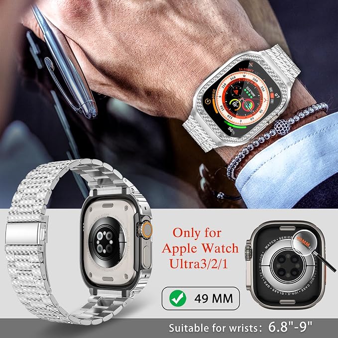 MioHHR Stainless Steel Band and Case Compatible with Apple Watch Band 49mm, Men Metal Protective Bumper Cover for iWatch Series Ultra 3/2/1, Silver Pattern