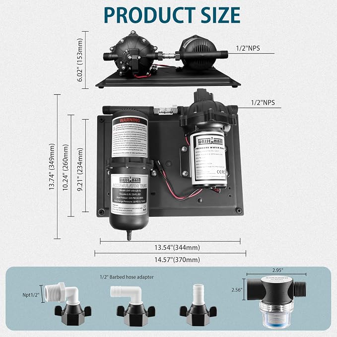 WASSERMANN 12V Boat Water Pump and Accumulator Tank System, 7.0GPM 75PSI Self Priming Water Diaphragm Pump with 1L 10 PSI Pre-Pressurized Accumulator Tank, Pressure Switch, for Boat Garden RV Camping