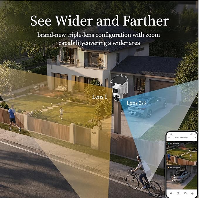 INQMQEGA 4G Solar Security Camera 3K Three Lenses 15X Zoom Outdoor Wireless Camera,PIR Human Motion Detection, Color Night Vision, Spotlight & Siren, Cloud & microSD Storage, App Control