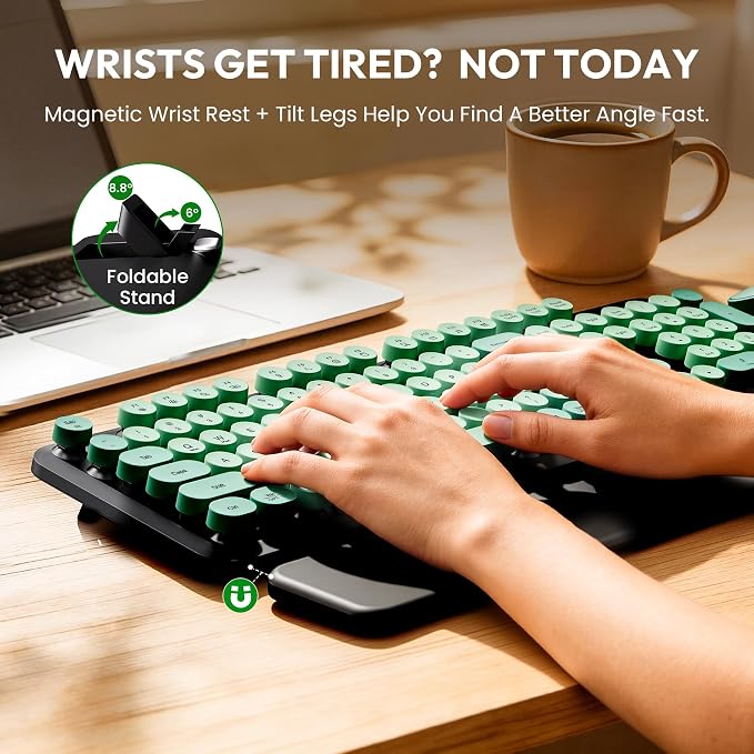 Wireless Keyboard and Mouse Combo - Cute Typewriter Keyboard with Detachable Wrist Rest, Retro Round Keycaps, Foldable Legs, 2.4GHz Keyboards for PC Laptop, Mac, Windows - Trueque (Black and Green)