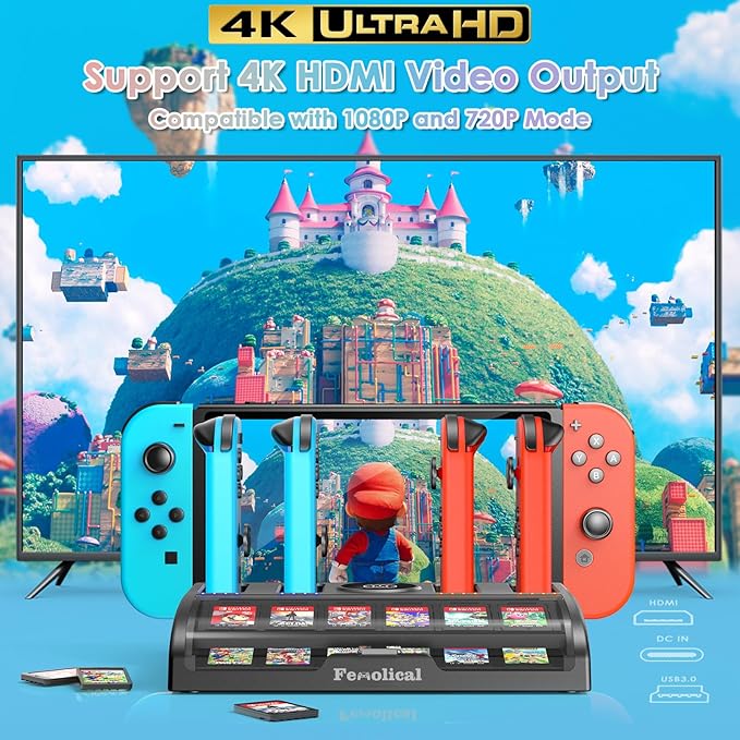 Fenolical TV Switch Dock Station for Nintendo Switch/OLED, Support 4K/1080P HDMI Charger Docking Station for Joycon Controller Accessories for PS3 Skins with 12 Game Slots (Black)