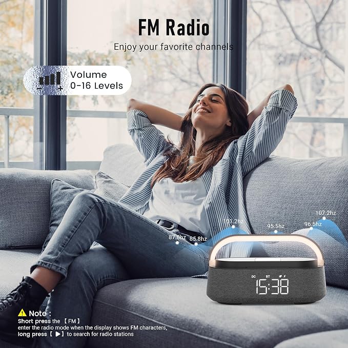 FREEFISH Bluetooth Speaker with Wireless Charger, FM Radio, Adjustable LED Night Light, Dual Wireless Speakers, Suitable for Decoration, Bedroom, Home, Office, Gift, Black