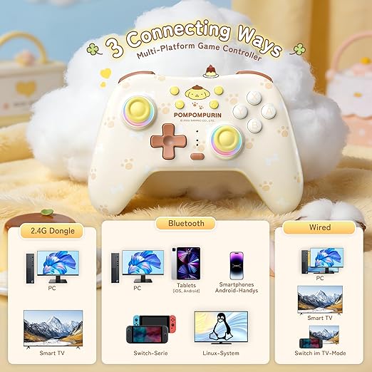 Kuitmor Pompompurin Switch Pro Controller, Cute Hall Effect Wireless Gamepad No Drift for Switch 2/Switch/OLED/Lite, PC/Steam, Android, iOS, Bluetooth + Wired, Turbo, Back Buttons, 6-Aixs Gyro, Wake-up, RGB (Yellow, Without 2.4g Receiver)