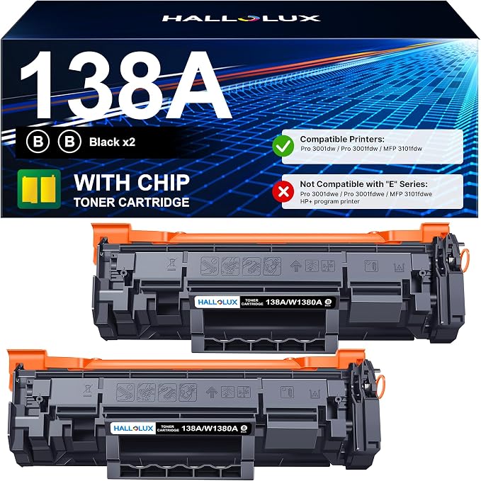 HALLOLUX 138A Black LaserJet Toner Cartridge (with Chip) Compatible Replacement for HP 138A W1380A 138X W1380X for HP LaserJet Pro 3001dw MFP 3101fdw 3001fdw Printer Ink (2 Pack Black, 138A Toner)