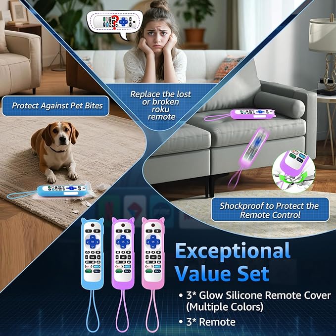 (Pack of 3) Replacement Remote Only for Roku TV with Soft Silicone Protective Cover (Glow in The Dark), Universal Remote for TCL/Onn/Hisense/Sharp/Element/Philips Roku Smart TV (Elegant White)