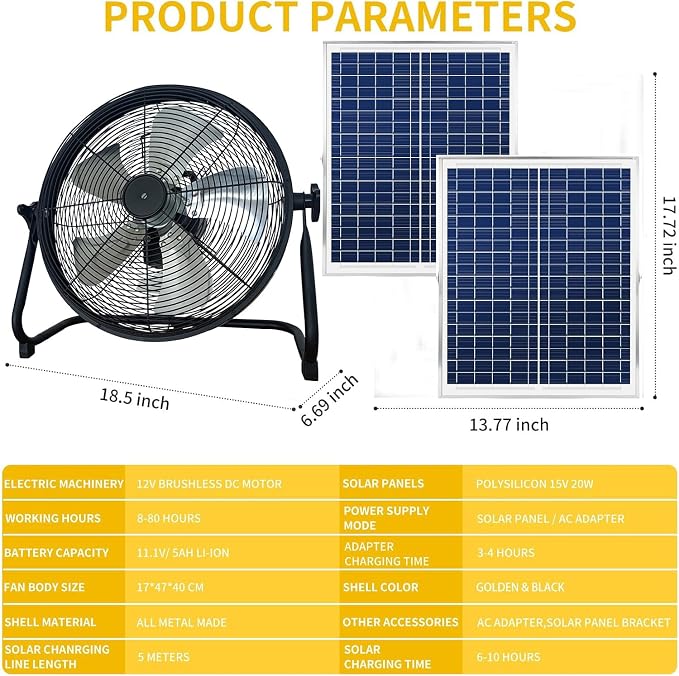 16 Inch Portable Rechargeable Solar Floor/Table Fan, Air Circulation Fan Powered by Two Solar Panels and AC Charger Dual Input for Indoor Household, Picnic Outdoors, Barbecue, Fishing, Travel