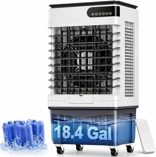 Swamp Cooler Air Conditioner, Portable Evaporative Cooler 18 Gal Water Tank | 4000 CFM, 120° Oscillation, 3 Speeds&Modes,12H Timer, Remote&Touch, 4 Ice Packs, for Garage, Large Room, Dry Climate