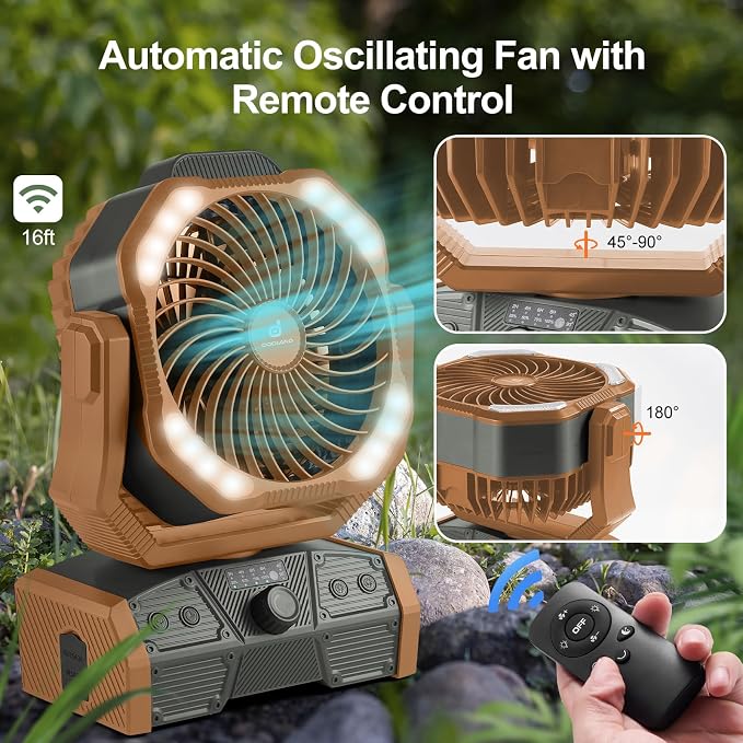 Odoland 40000mAh Camping Fan with LED Light, Battery Operated Oscillating Desk Fan with Remote & Hook, Rechargeable Outdoor Tent Fan with Timer for Hurricane Power Outage Travel Jobsite RV, Khaki