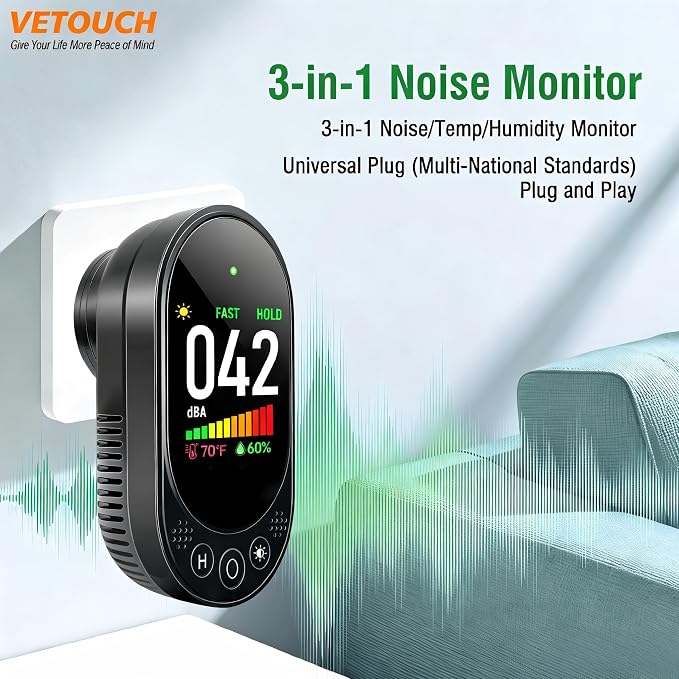 Decibel Meter, Plug-in Sound Level Meter, 3-in-1 Sound Decibel Meter & Noise Decibel Meter, Decibel Meter Sound Level Reader for Wall, Apartment, Classroom, RV & Home, 30-130dBA