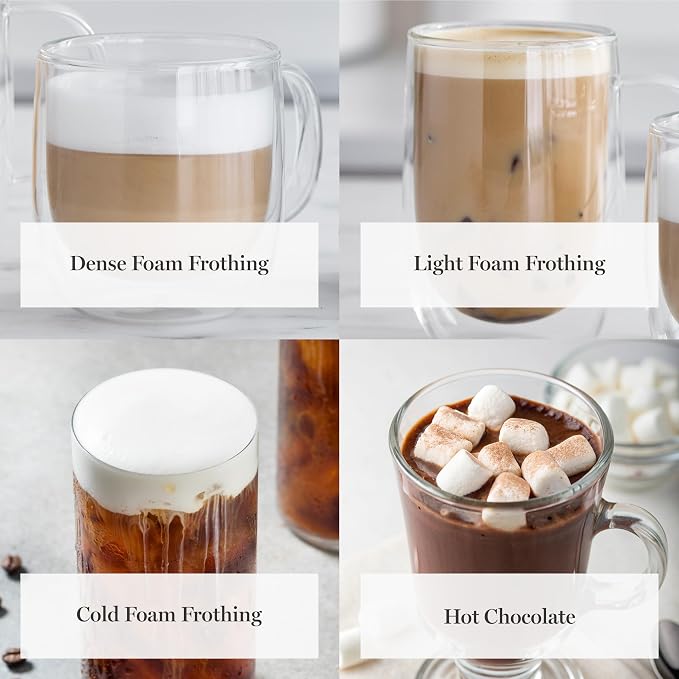 Martha Stewart Milk Frother and Steamer, 10oz/300ml Glass Cup, 4 Presets (Cold Foam, Light, Dense & Hot Chocolate), Ready in 90 Seconds, Cordless Pouring, One-Touch for Hot and Cold Milk, Sky Blue