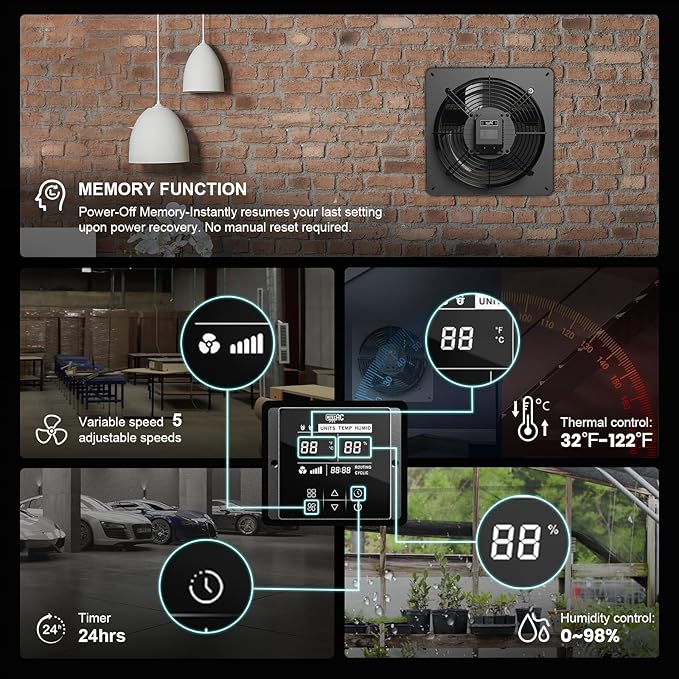 10 Inch Shutter Exhaust Fan, 576 CFM Wall Mounted Attic Fan with Temperature Humidity Controller, Automatic Shutter, Ventilation and Cooling for Greenhouse, Garage, Studios, Workshops