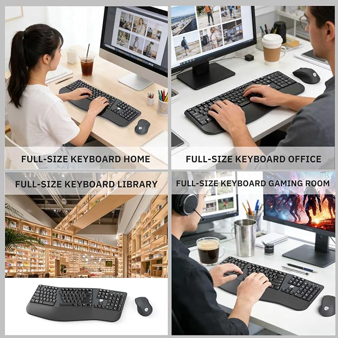 FOPETT Wireless Ergonomic Keyboard for PC, 2.4G Full Size Wireless Keyboard and Mouse Combo, Comfortable Natural Split Keyboard Mouse for Windows Computer Desktop Laptop