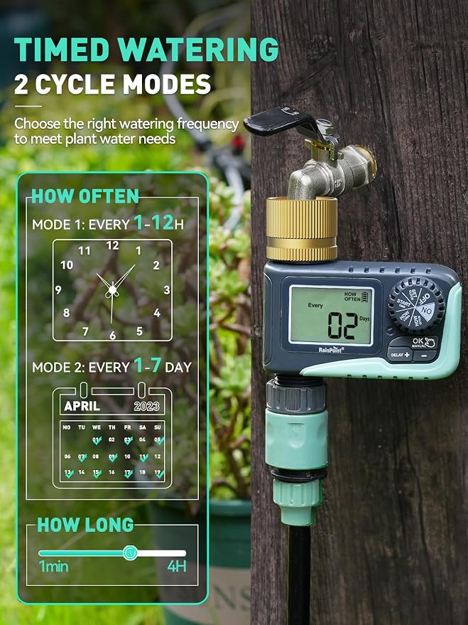 RAINPOINT 2-Pack Sprinkler Timer with Brass Swivel for Garden Hose, Programmable Hose Timer with Rain Delay/Manual Watering, Digital Irrigation System for Lawns, 1 Outlet
