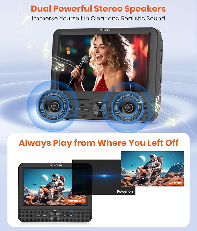 FANGOR 7.5 Inch Dual Car DVD Player, Portable Headrest Video Player for Car with 5 Hours Rechargeable Battery, Last Memory, AV Out/in, Support USB/SD/Sync TV, All Regions (1 Player+1 LCD Screen)