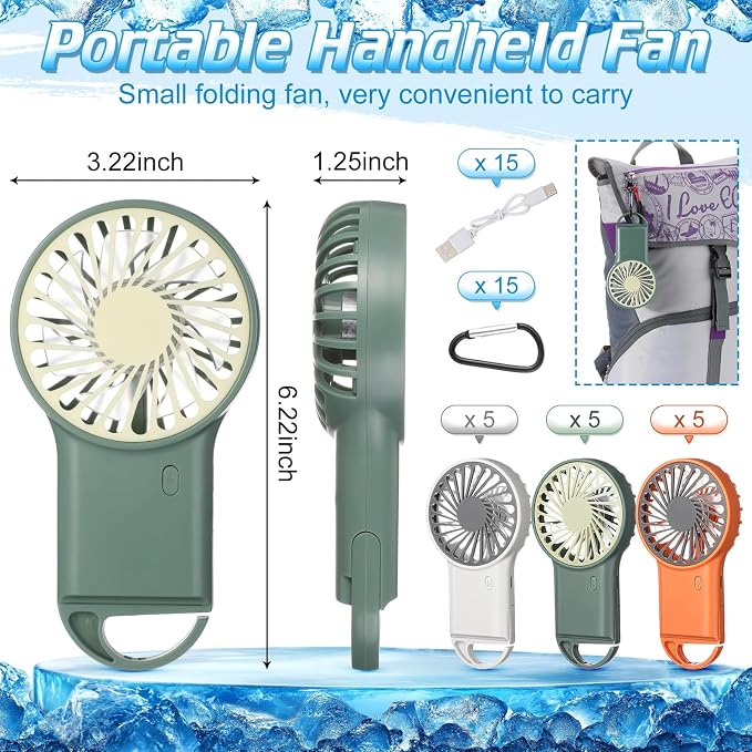 VIHOSE 15 Pcs Portable Hanging Fan, 3 Speeds Personal Rechargeable Desk Small Hand Fan with D Metal Hook for Cooling Small Personal Hands Outdoor Travel