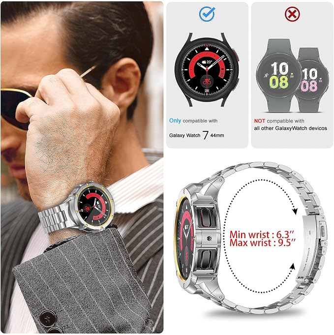SUPLINK Stainless Steel Case and Bands Compatible with Samsung Galaxy Watch 7 44mm band for Men, Metal Rugged Protective Case Strap for Galaxy 7 Watch, Silver/Gold