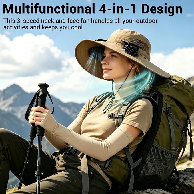 Solar Fan Hat with 2 Fans - Khaki Wide Brim Bucket Hat for Men Women, UPF 50+ Sun Hat for Fishing, Hiking
