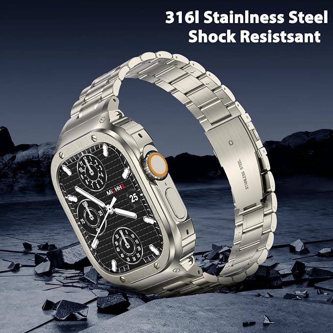 MioHHR Stainless Steel Watch Band with Case Compatible with Apple Watch Ultra3 2 1(49mm), Rugged Strap with Metal Protective Bumper Cover for iWatch Band Men(Titanium Color)