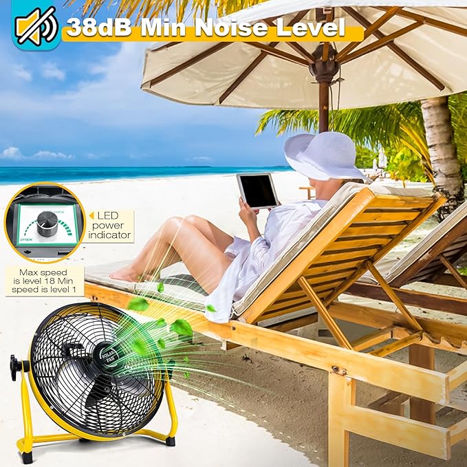 DBF 14" Solar Powered Fan, 15000 mAh Rechargeable Battery Operated Outdoor Floor Fan, 20W Solar Panel, 4-24H Runtime, 12 Speeds, Quiet, Cordless, For Outside Barn Home Outage, Yellow