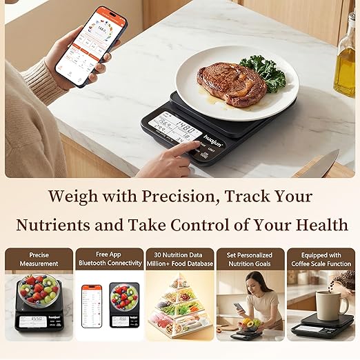 Smart Food Scale with Nutritional Calculator, Bluetooth APP Digital Nutrition with 30 Nutrients, Calorie & Macro Tracking, Personal Goals, Food Preload, Barcode Scan 11lb for Meal Prep, Weight Loss
