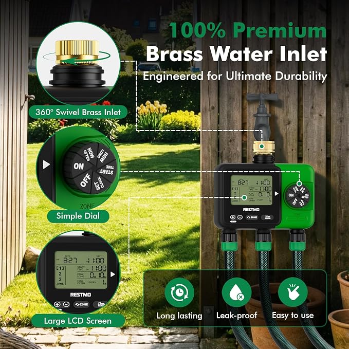 RESTMO Sprinkler Timer for Outdoor Hose Faucet 3 Zone, Up to 9h59m Programmable Watering Timer for Soaker Hose, Filling, Misting with Brass Inlet, Rain Delay/Manual/Automatic Irrigation System