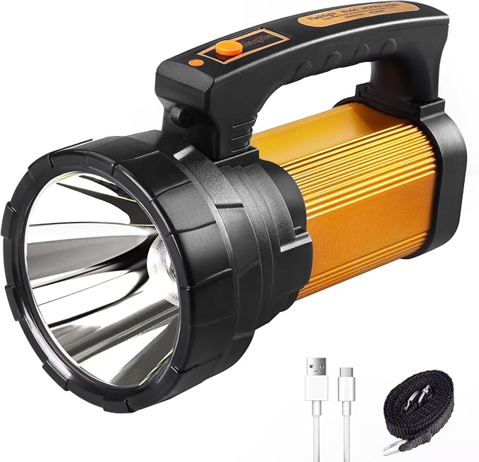 1200LM Rechargeable Spotlight Flashlight, IP67 Waterproof Handheld Flashlight with 3400mAh, 30H Runtime,USB,Led Spotlight with Shoulder Strap for Outdoor Camping Hunting Emergency