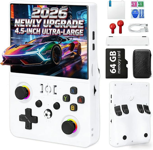 2026 NEW Upgrade R36MAX Ⅱ Retro Handheld Game Console - 4.5 Inch Ultra-Large Screen, Support 18000+Classic Games, 64G TF Card, Linux System, 4000mAh Battery, Birthday Gift for Adult - White