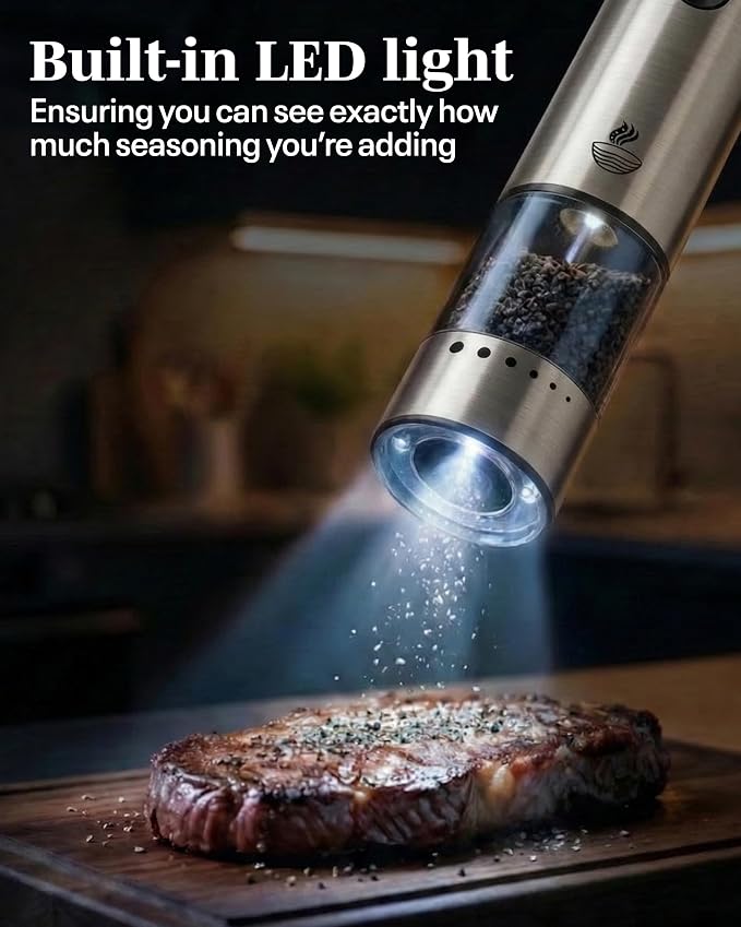 Electric Salt and Pepper Grinder Set - Silver 2 Pack Battery Operated Mills with 95ml Large Capacity, Adjustable Coarseness, Built-in LED Light, Automatic Salt & Pepper Shakers for Kitchen