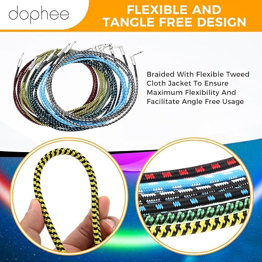 dophee 6 Pack 10ft Guitar Cable, 1/4" TS Port Instrument Bass AMP Cord for Electric Mandolin Piano Keyboard Mixer Amplifier Speaker Pro Audio (Right Angle to Straight, Multicolored)