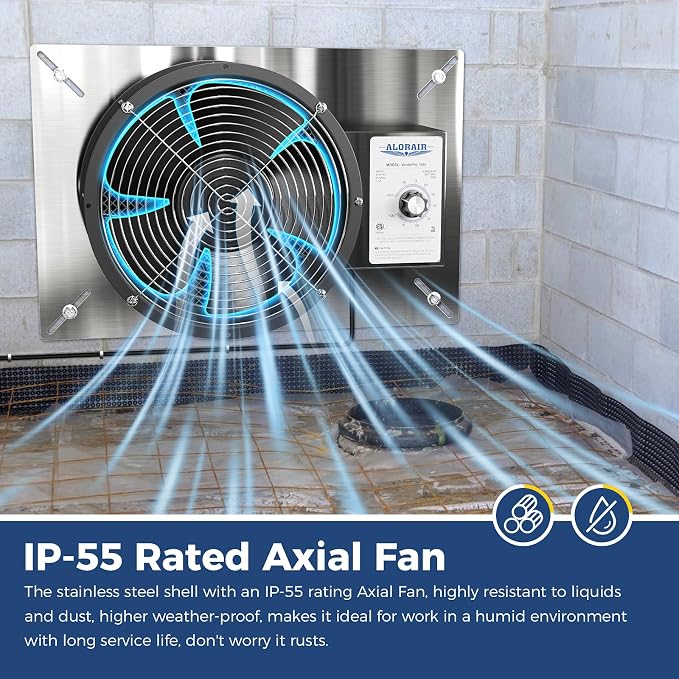 ALORAIR 720 CFM Stainless Steel Crawl Space Ventilation Fan with Humidistat Dehumidistat, IP55 Rated Crawlspace Vent Fan for Foundation Basements Garage Attic
