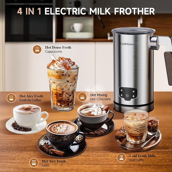 4-in-1 Milk Frother for Coffee, Automatic Warm and Cold Foam Frother, One-Touch Milk Steamer and Frother for Coffee, Latte, Cappuccino, Macchiato, Hot Chocolate, Matcha, Easy to Clean