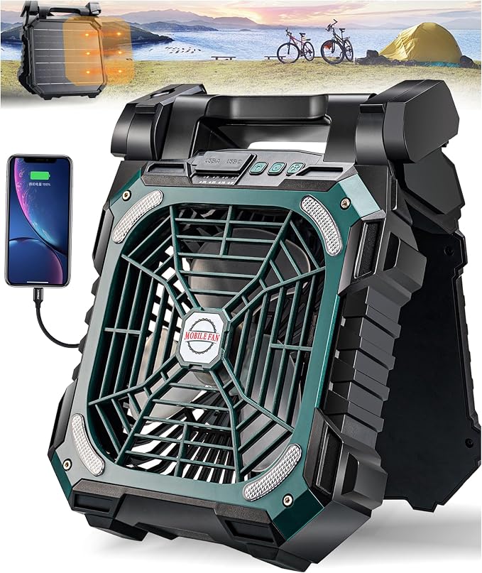 DUKUSEEK 10" Solar Power Camping Fan with 8.5W/7V Solar Panel, 10400mAh Battery Operated Portable Fans, 90° Adjustable Desk Fan, Rechargeable USB Powered Personal Cooler with Light for Picnic Fishinig