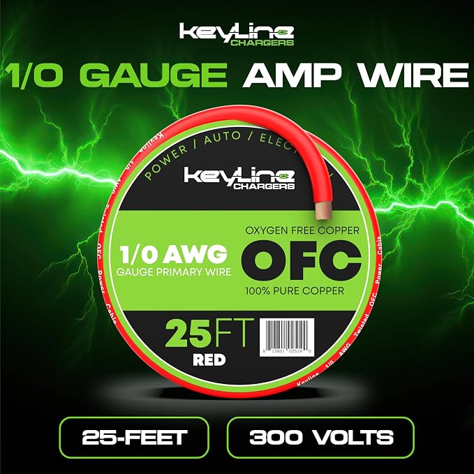 1/0 Gauge Wire (25ft) AWG Amp Battery Cable for Automotive Electrical Wiring - Oxygen Free Copper (OFC) Welding Cable 0GA - Car Amplifier Power & Ground Cable, Stereo Audio Speakers, RV Trailer Wiring
