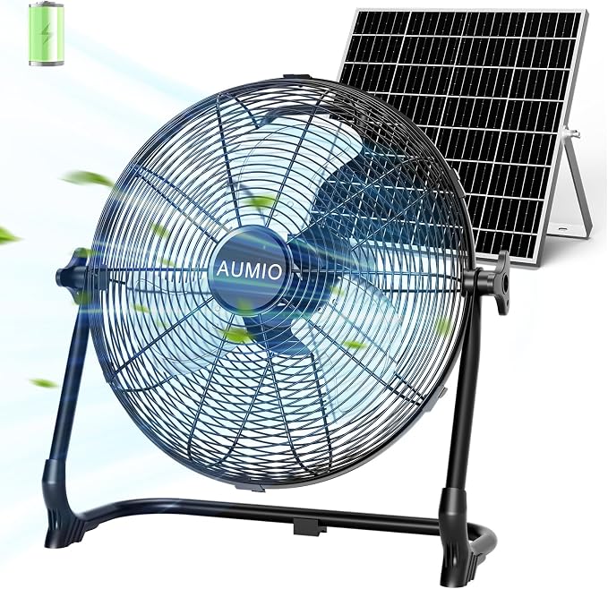 AUMIO 12" Solar Powered Floor Fan, Portable Rechargeable Battery Operated Solar Fan with 13200mAh & 1500 CFM Airflow, Cordless Camping Fan with USB Output, 4.5-27H Runtime for Power Outage, RV, Patio