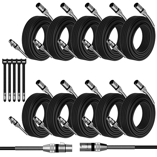 10-Pack DMX Stage Lighting Cable 15FT, 3 Pin XLR Male to Female Cable, Compatible with XLR Microphone Audio Connection, for DJ Moving Head Par Light Mic Mixer, Podcast, 22AWG OFC, 110 Ohms Impedance