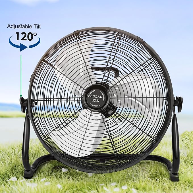 18'' Solar Powered Fan with 30W Solar Panel, Portable Solar Operated Outdoor Floor Fan for Camping, Home, Patio, Worksite - Stepless Speed, Metal Construction and Aluminum Blades