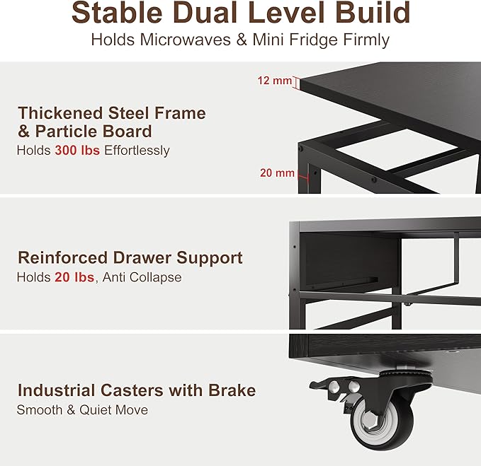 Mini Fridge Stand Cabinet Table Station With Storage Drawers For Dorm Refrigerator To Sit On, Heavy Duty Small Cart With Wheels, Black Office Beverage Shelf and Power Outlet, Sturdy Bedroom Nightstand