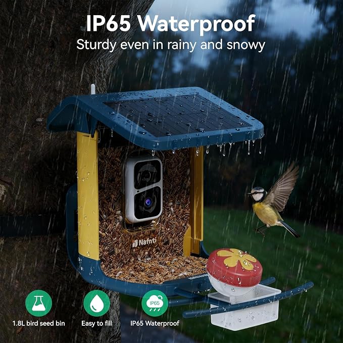 Smart Bird Feeder with Camera, Solar Powered, 2K HD Live View, Weatherproof for Outdoors, AI Identification & Instant Alerts, 2.4GHz, Easy Setup & Refilling, Gift for Bird Watching (Dark Blue)