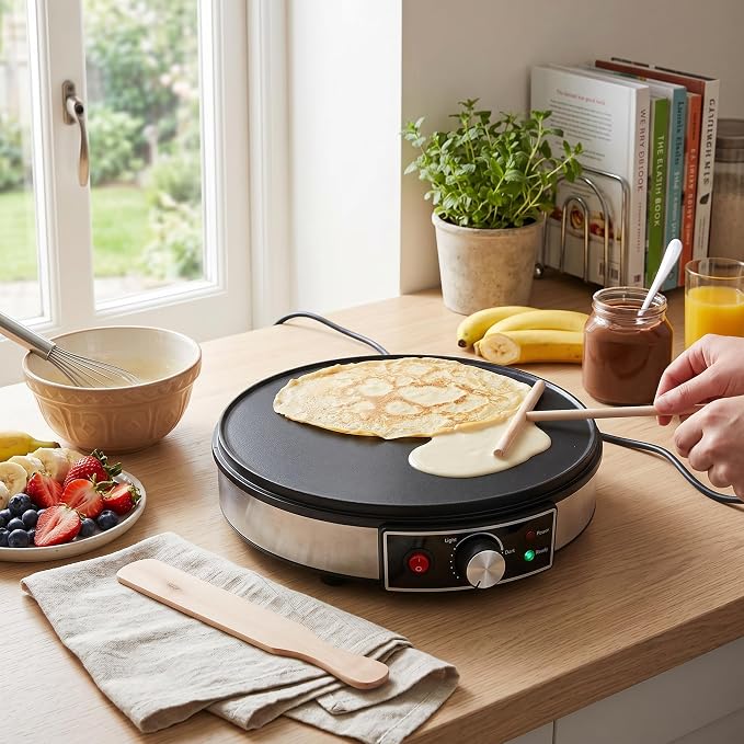 AUNMAS 11.8 Inch Crepe Pan with LED Indicator, Temperature Adjustable Nonstick Aluminum Electric Griddle & Crepe Maker with Spatula and Batter Spreader for Home Commercial Use (US Plug 110V)